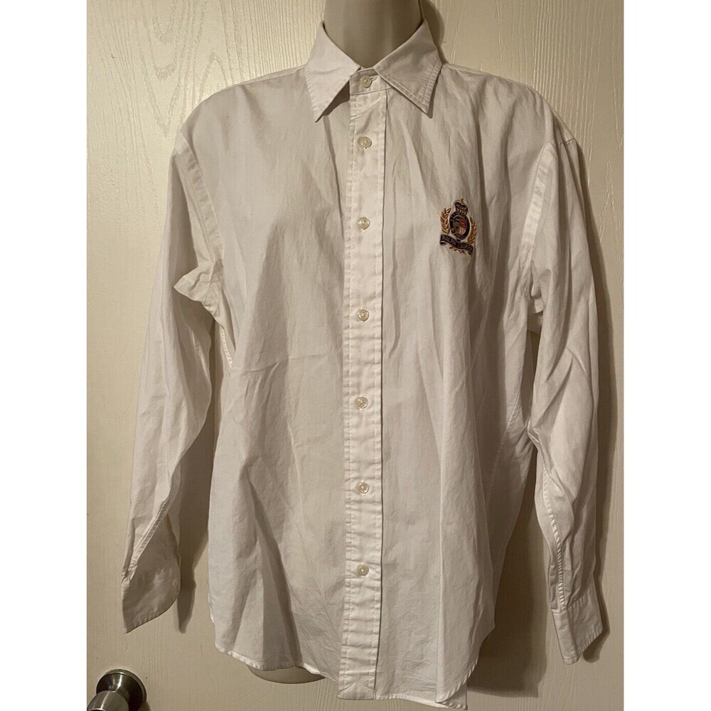 Rare VTG RALPH LAUREN Polo Sport Spell Out Crown Logo Dress Shirt 90s White SZ 8